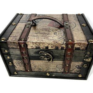 Vintage Wooden Treasure Chest with Leather & Bronze Accents Pirate Storage Box